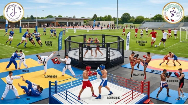 Contact Sports Martial arts MMA Boxing Wrestling Karate Taekwondo Jiu-Jitsu Muay Thai/Thai Boxing Judo Kickboxing Rugby Football Andheri west Mumbai dentist